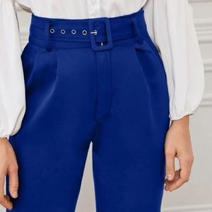 Solid Eyelet Buckle Belted Tailored Pants